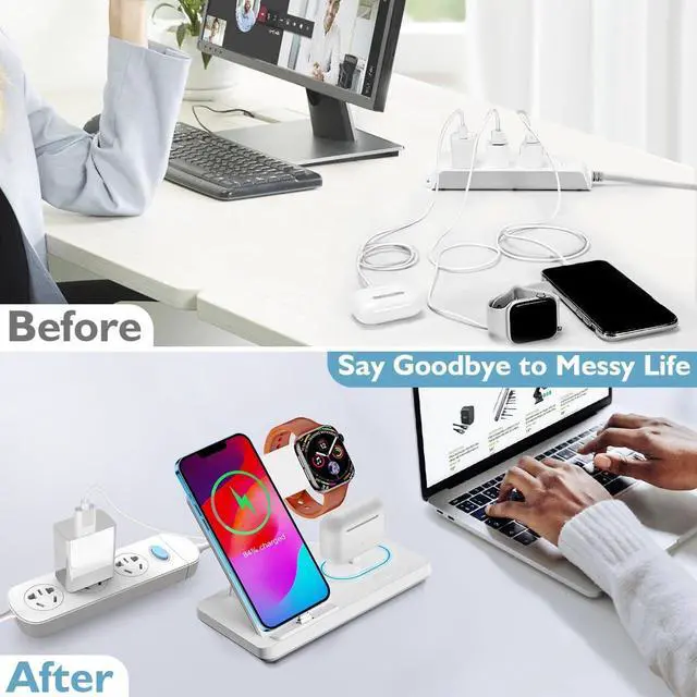 Alt view image 4 of 6 - 3 in 1 Charging Station for Multiple Devices,Fast Charger Stand for iWatch & AirpodsFoldable Charging Stand Dock for iPhone 14/13/12/11/10/ Pro/X/Max/XS/XR/8/7/Plus/6s/6 with Adapter(White)