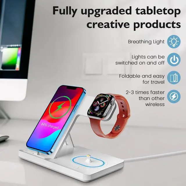 Alt view image 6 of 6 - 3 in 1 Charging Station for Multiple Devices,Fast Charger Stand for iWatch & AirpodsFoldable Charging Stand Dock for iPhone 14/13/12/11/10/ Pro/X/Max/XS/XR/8/7/Plus/6s/6 with Adapter(White)