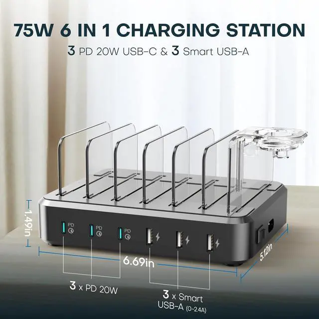 Alt view image 3 of 7 - Charging Station for Multiple Devices,75W 6 Port Multi Charger Station with 3 20W PD USB C Fast Port, 7 Short Cables Included,Compatible with iPhone iPad,Tablets Android and More