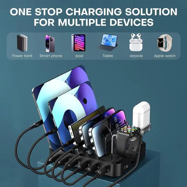 Alt view image 4 of 7 - Charging Station for Multiple Devices,75W 6 Port Multi Charger Station with 3 20W PD USB C Fast Port, 7 Short Cables Included,Compatible with iPhone iPad,Tablets Android and More