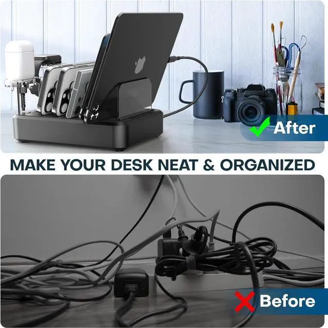 Alt view image 5 of 7 - Charging Station for Multiple Devices,75W 6 Port Multi Charger Station with 3 20W PD USB C Fast Port, 7 Short Cables Included,Compatible with iPhone iPad,Tablets Android and More