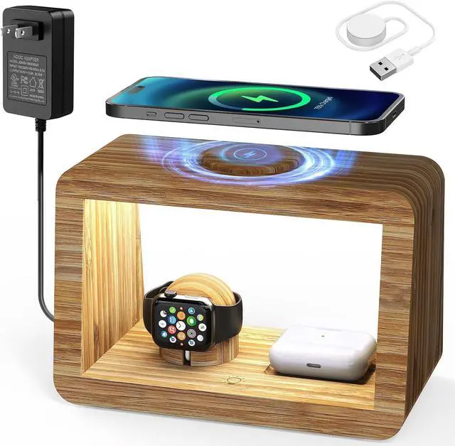 Main image of Bamboo Wireless Charging Station: 3-in-1 Wireless Charger with Night Lights - Fast Charging Stand Compatible with iPhone 14/13/12/11 Pro Max/X/Xs Max/8, AirPods Pro, iWatch Series 8/7/6/5/SE/4/3/2