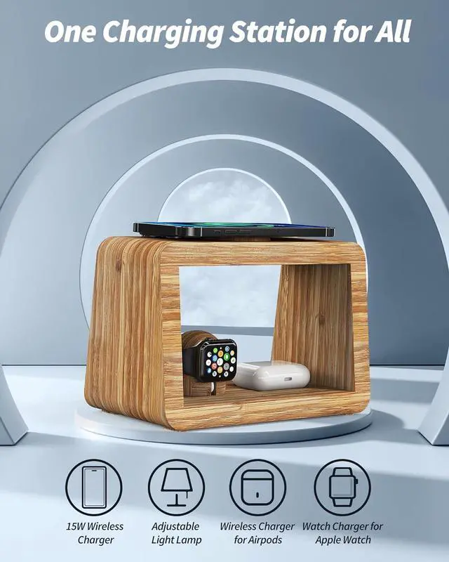Alt view image 4 of 7 - Bamboo Wireless Charging Station: 3-in-1 Wireless Charger with Night Lights - Fast Charging Stand Compatible with iPhone 14/13/12/11 Pro Max/X/Xs Max/8, AirPods Pro, iWatch Series 8/7/6/5/SE/4/3/2