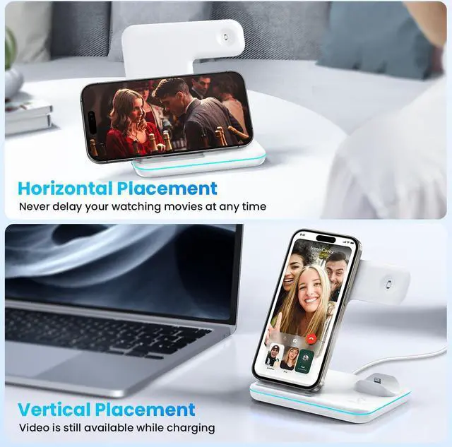 Alt view image 7 of 7 - Wireless Charger 3 in 1, 15W Fast Charging Station for Apple Watch 9/8/Ultra 2/Ultra/SE/7/6/5/4/3/2, for AirPods 3/2/1/Pro/Pro 2, for iPhone 15/14/13 /Plus/Pro/Pro Max/12/11/X/Xr/XS/8 (White)