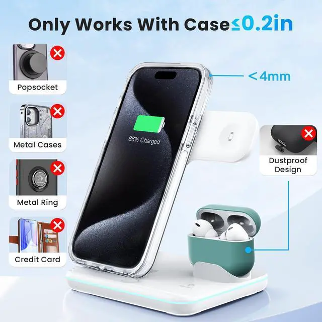 Alt view image 6 of 7 - Wireless Charger 3 in 1, 15W Fast Charging Station for Apple Watch 9/8/Ultra 2/Ultra/SE/7/6/5/4/3/2, for AirPods 3/2/1/Pro/Pro 2, for iPhone 15/14/13 /Plus/Pro/Pro Max/12/11/X/Xr/XS/8 (White)