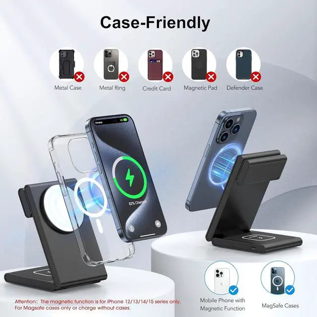 Alt view image 5 of 7 - 3 in 1 Wireless Charging Station for Multiple Devices, Fast Foldable Travel Mag-Safe Stand for iPhone 15 14 13 12 Pro Max/Plus/Pro/Mini, Magnetic Charger for Apple Watch/ with 20W Adapter