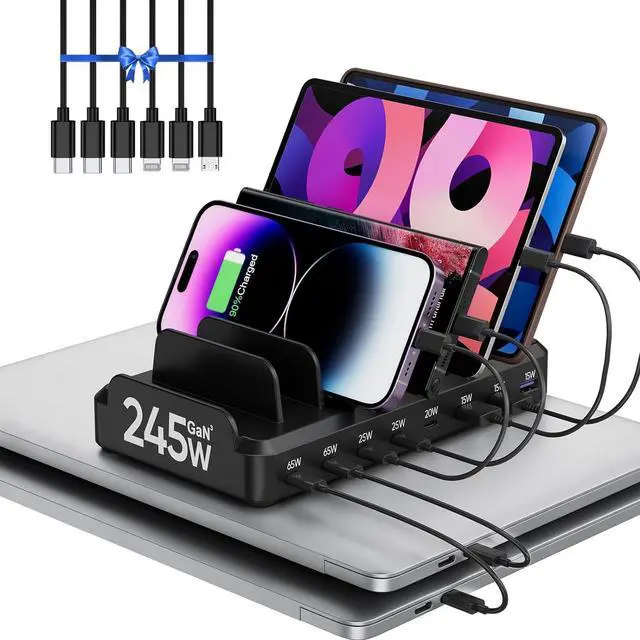 Main image of 245W USB C Charging Station for Multiple Devices, 8 Port Multi Charger Station for MacBook iPhone 15 Phone iPad Tablets Black (6 Mixed Short Cables Included)