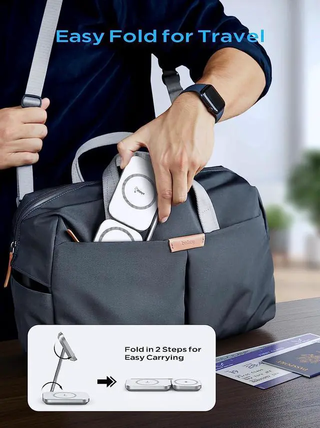 Alt view image 2 of 7 - 2-in-1 Magsafe Charger Stand, Zinc Alloy Foldable Magnetic Wireless Charger, 20W Portable Fast Wireless Charging Station for iPhone 15/14/13/12 Series, AirPods 3/Pro/2