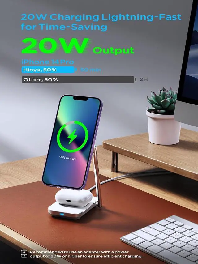 Alt view image 3 of 7 - 2-in-1 Magsafe Charger Stand, Zinc Alloy Foldable Magnetic Wireless Charger, 20W Portable Fast Wireless Charging Station for iPhone 15/14/13/12 Series, AirPods 3/Pro/2