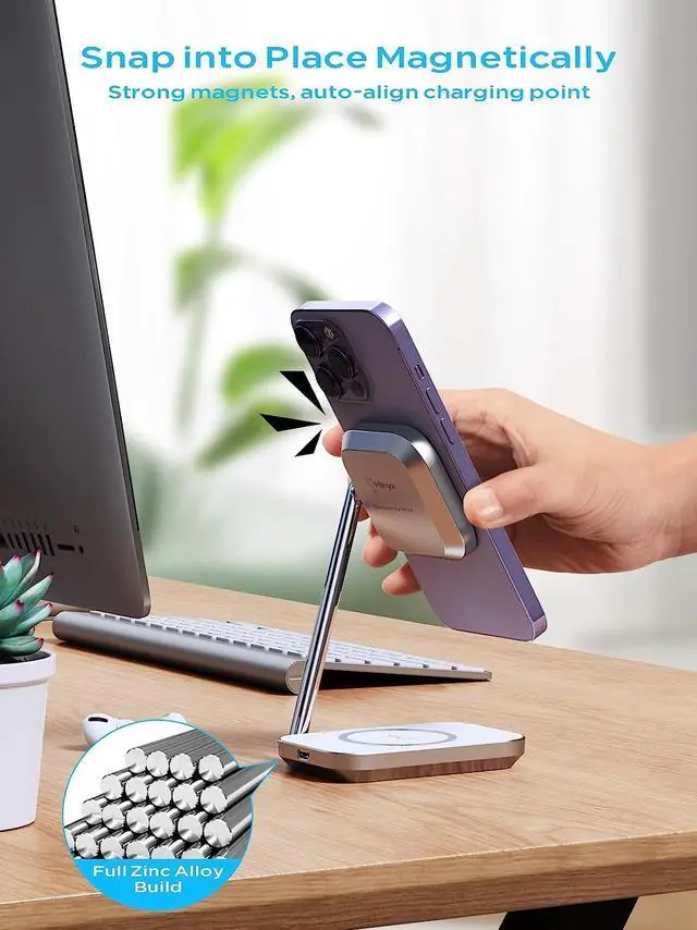Alt view image 4 of 7 - 2-in-1 Magsafe Charger Stand, Zinc Alloy Foldable Magnetic Wireless Charger, 20W Portable Fast Wireless Charging Station for iPhone 15/14/13/12 Series, AirPods 3/Pro/2