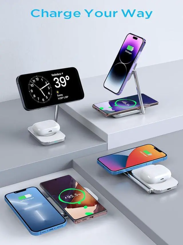 Alt view image 5 of 7 - 2-in-1 Magsafe Charger Stand, Zinc Alloy Foldable Magnetic Wireless Charger, 20W Portable Fast Wireless Charging Station for iPhone 15/14/13/12 Series, AirPods 3/Pro/2