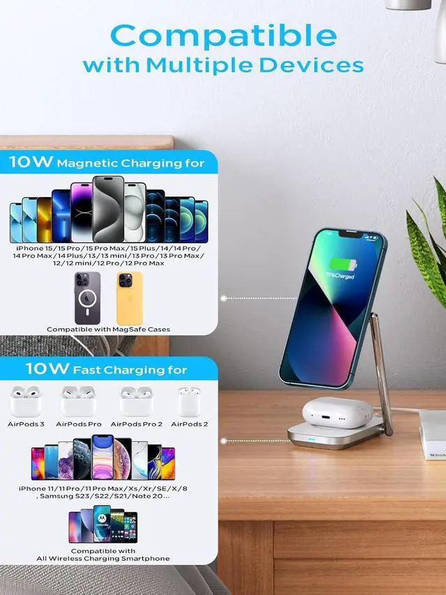 Alt view image 6 of 7 - 2-in-1 Magsafe Charger Stand, Zinc Alloy Foldable Magnetic Wireless Charger, 20W Portable Fast Wireless Charging Station for iPhone 15/14/13/12 Series, AirPods 3/Pro/2