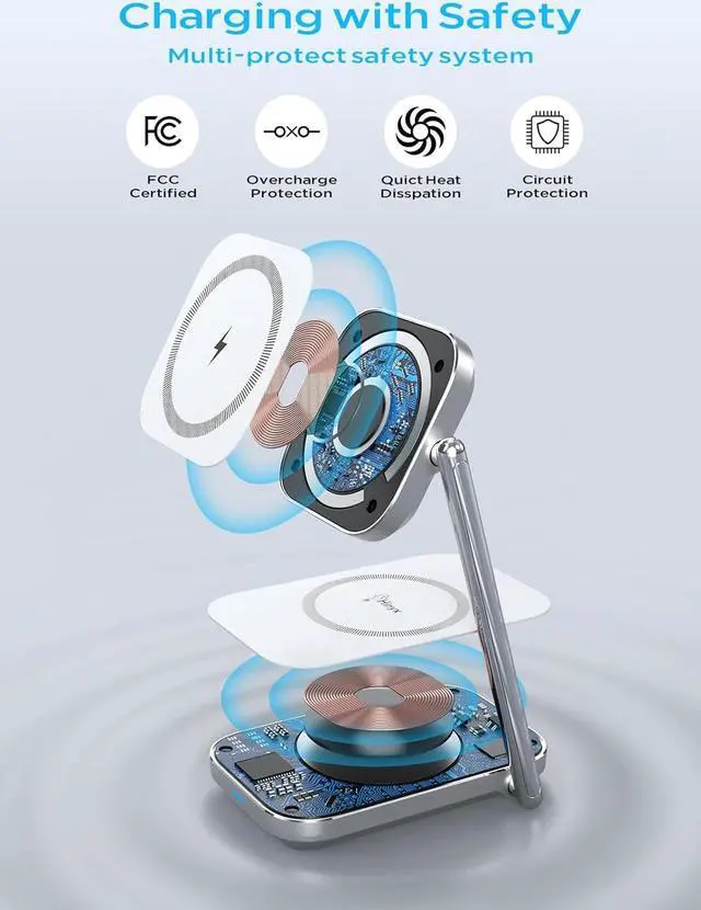 Alt view image 7 of 7 - 2-in-1 Magsafe Charger Stand, Zinc Alloy Foldable Magnetic Wireless Charger, 20W Portable Fast Wireless Charging Station for iPhone 15/14/13/12 Series, AirPods 3/Pro/2