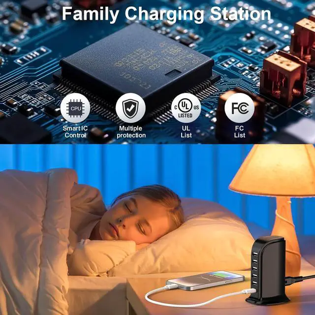 Alt view image 5 of 7 - USB Charger Block with Type C, 6-Port Chargers for Multiple Devices, USB Charging Hub with Smart IC, Charger Station Total 60W for Phone/Tablet/Gaming, Wall Charger Adapter Compact&Portable