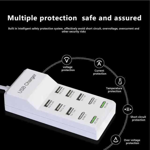 Alt view image 5 of 7 - USB Charger,100W USB Charging Station with 10-Port(6 USB-A Port&2 USB-C Port&2 PD20W) Compatible with iPhone 15/14/13/13pro Max 12/12 Mini/12Pro/12 Pro Max/11,Tablets, Smartphones White