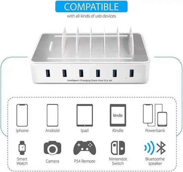 Alt view image 2 of 7 - Fast Charging Station for Multiple Devices,50W 6 USB Ports Family Charger Compatible with Apple iPhone iPad and Android Phone and Tablet