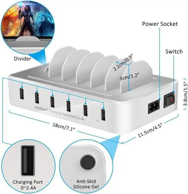 Alt view image 4 of 7 - Fast Charging Station for Multiple Devices,50W 6 USB Ports Family Charger Compatible with Apple iPhone iPad and Android Phone and Tablet