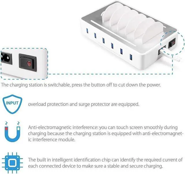 Alt view image 5 of 7 - Fast Charging Station for Multiple Devices,50W 6 USB Ports Family Charger Compatible with Apple iPhone iPad and Android Phone and Tablet