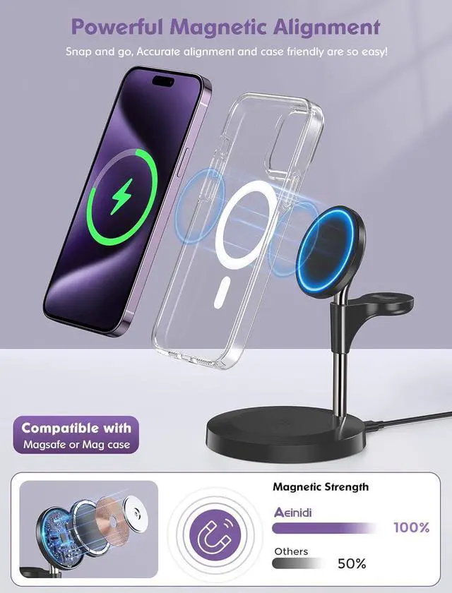 Alt view image 3 of 6 - 3 in 1 Wireless Charging Station for Multiple Devices Apple, Aeinidi 15W Fast Mag-Safe, Magnetic Charger Stand for iPhone 15 14 13 12 Pro Max/Plus/Pro/Mini, Apple Watch, AirPods Pro 3 2, Black