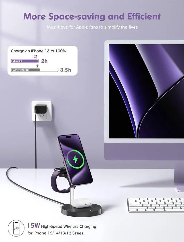 Alt view image 4 of 6 - 3 in 1 Wireless Charging Station for Multiple Devices Apple, Aeinidi 15W Fast Mag-Safe, Magnetic Charger Stand for iPhone 15 14 13 12 Pro Max/Plus/Pro/Mini, Apple Watch, AirPods Pro 3 2, Black