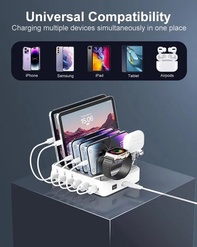 Alt view image 4 of 7 - USB C Charging Station - 81W 6 Port Charger Station with 20W*3 PD USB C Fast Port, 6 Short Cables, Charging Dock Designed for Apple iPhone iPad Android (No Watch Charger)