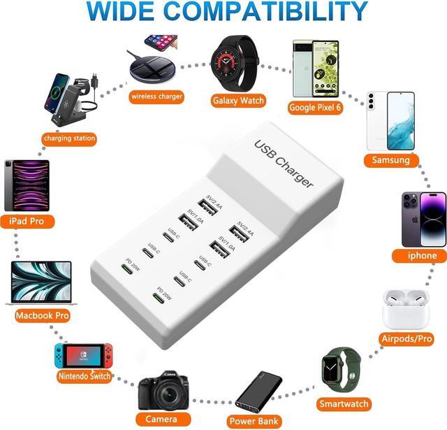 Alt view image 2 of 7 - USB C Charging Station,10 Ports USB C Charger Dock Desktop 100W Multi Port with PD Fast Charger, Compatible with iPhone 14/13/12/11/ S23/S22/S21/Tablet/Watch/Headphones