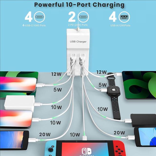 Alt view image 4 of 7 - USB C Charging Station,10 Ports USB C Charger Dock Desktop 100W Multi Port with PD Fast Charger, Compatible with iPhone 14/13/12/11/ S23/S22/S21/Tablet/Watch/Headphones