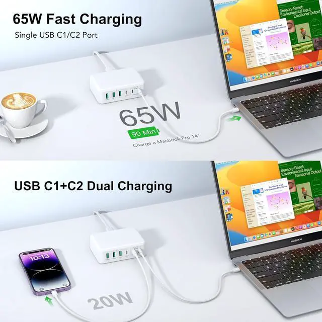 Alt view image 5 of 7 - 165W 6 Port Desktop PD GaN Fast Charging Station Hub Compatible with MacBook Air/Pro, iPad Pro, iPhone, Galaxy, Pixel, LG Devices