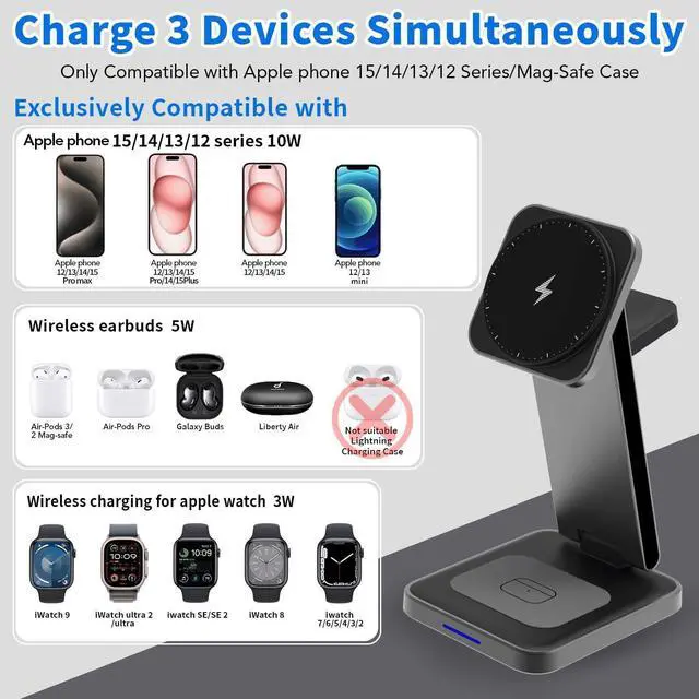 Alt view image 2 of 7 - 3 in 1 Magnetic Wireless Charger,Foldable Mag-Safe Wireless Charging Station for Apple Watch Series 9/Ultra 2/8/7/SE/SE2,Apple 15 Pro Max/15/14/13,Air-Pods 3/Pro/2 Mag Safe Charger Stand Dock(Black)