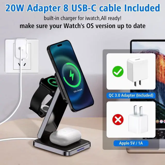 Alt view image 3 of 7 - 3 in 1 Magnetic Wireless Charger,Foldable Mag-Safe Wireless Charging Station for Apple Watch Series 9/Ultra 2/8/7/SE/SE2,Apple 15 Pro Max/15/14/13,Air-Pods 3/Pro/2 Mag Safe Charger Stand Dock(Black)