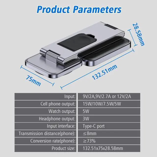 Alt view image 5 of 7 - 3 in 1 Magnetic Wireless Charger,Foldable Mag-Safe Wireless Charging Station for Apple Watch Series 9/Ultra 2/8/7/SE/SE2,Apple 15 Pro Max/15/14/13,Air-Pods 3/Pro/2 Mag Safe Charger Stand Dock(Black)
