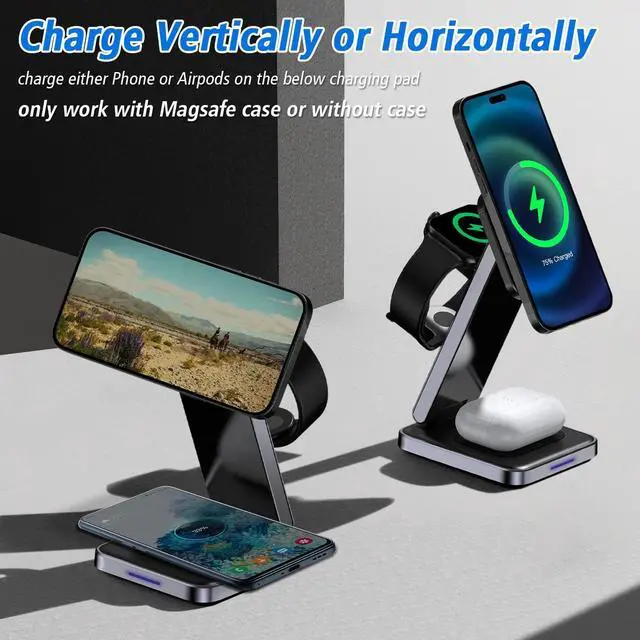 Alt view image 6 of 7 - 3 in 1 Magnetic Wireless Charger,Foldable Mag-Safe Wireless Charging Station for Apple Watch Series 9/Ultra 2/8/7/SE/SE2,Apple 15 Pro Max/15/14/13,Air-Pods 3/Pro/2 Mag Safe Charger Stand Dock(Black)