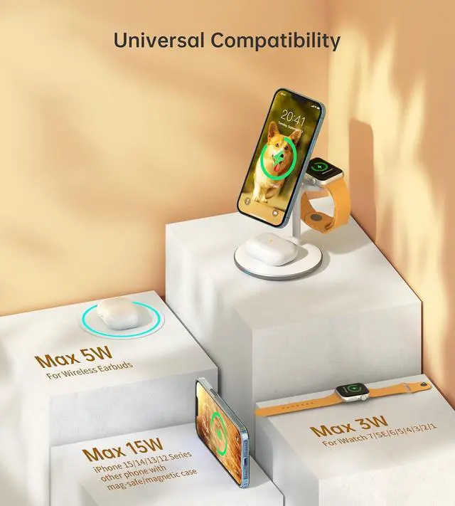 Alt view image 6 of 7 - 3 in 1 Wireless Charging Station for Multiple Devices, 15W Fast Wireless Mag-Safe Charger Stand for iPhone 14 13 12 Pro Max/Plus/Pro/Mini, Mag Charger for iWatch Ultra/8/7/SE/6/5/4/3/2, AirPods