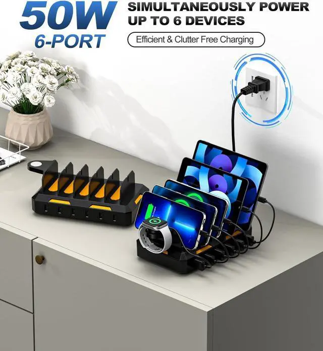 Alt view image 2 of 7 - Charging Station for Multiple Devices, Honcila 6 in 1 Multi Charger Station Charging Dock for Cellphone Tablet iPhone iPad and More - 50W Charging Station Organizer with 6 Mixed Charging Cables