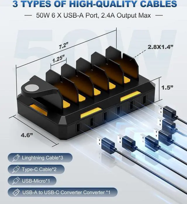 Alt view image 7 of 7 - Charging Station for Multiple Devices, Honcila 6 in 1 Multi Charger Station Charging Dock for Cellphone Tablet iPhone iPad and More - 50W Charging Station Organizer with 6 Mixed Charging Cables
