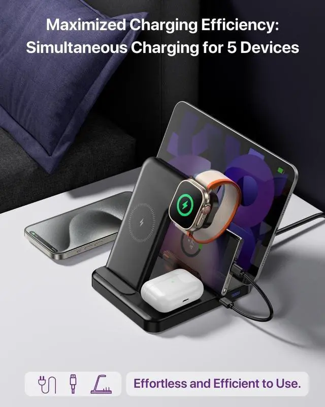 Alt view image 2 of 6 - Intoval 5-in-1 Charging Station, for iPhones 15 Pro/15 Pro Max/15 and Androids, iPad Pro/Air/Mini, Apple Watch 9/Ultra 2/Ultra/8/7/7/SE, Wireless Charging Dock for Multiple Devices (G805, Pink)