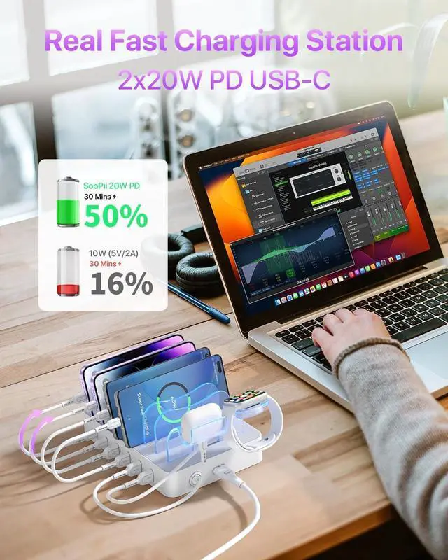 Alt view image 2 of 7 - SooPii 6-Port USB C Charging Station for Multiple Devices 2 PD 20W Fast Charging for lPhone 15 and More 6 Charging Cables and 2in1 Holder for IWatch Charger & Air Pods Included