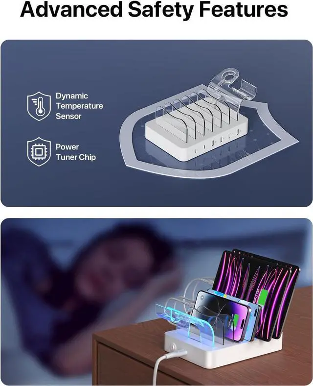 Alt view image 5 of 7 - SooPii 6-Port USB C Charging Station for Multiple Devices 2 PD 20W Fast Charging for lPhone 15 and More 6 Charging Cables and 2in1 Holder for IWatch Charger & Air Pods Included