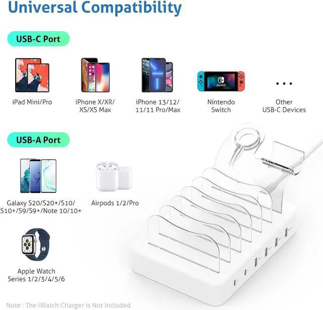 Alt view image 7 of 7 - SooPii 6-Port USB C Charging Station for Multiple Devices 2 PD 20W Fast Charging for lPhone 15 and More 6 Charging Cables and 2in1 Holder for IWatch Charger & Air Pods Included