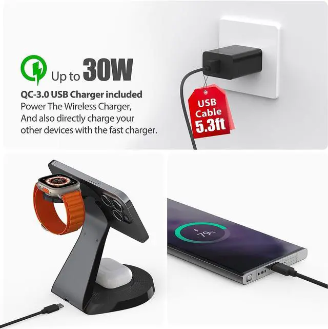 Alt view image 4 of 6 - 3 in 1 Charging Station for  Devices Mag-Safe Charger Stand Fast Charging Wireless Charger for iPhone 16/15/14/13/12 Series & AirPods & iWatch(USB-C Charger Included)