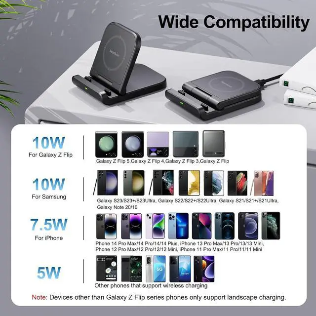 Alt view image 2 of 7 - Wireless Charger for  Z Flip, Foldable Fast Wireless Charging Stand for Galaxy Z Flip 5/Z Flip 4/Z Flip 3,  Charging Station for Galaxy Z Flip Series/Moto Razr+(No Adapter)