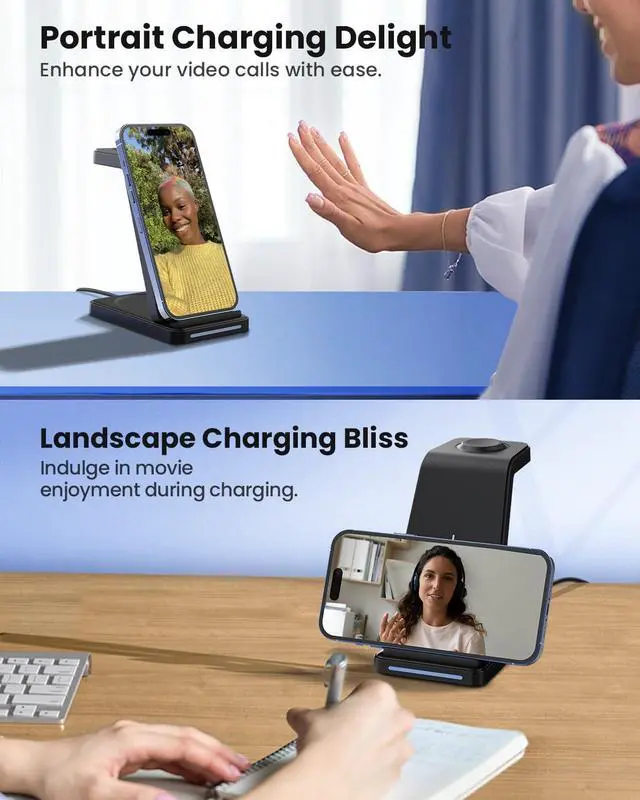 Alt view image 3 of 6 - 3 in 1 Wireless Charging Station, Wireless Charger Stand for Multiple Apple Devices, Wireless Charger for iPhone 15 14 13 12 11 Pro Max XS XR 8, Apple Watch 9 8 7 6 SE 5 4 3 2, AirPods 3/2/Pro