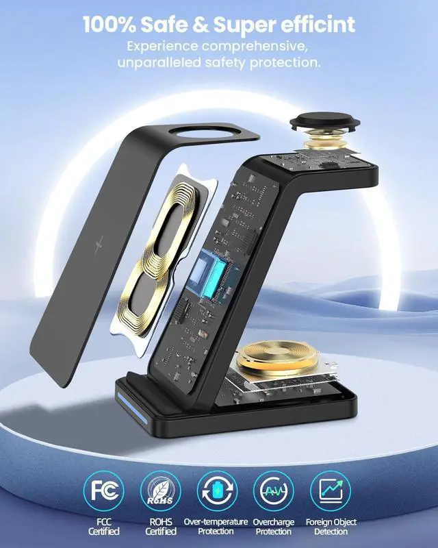 Alt view image 4 of 6 - 3 in 1 Wireless Charging Station, Wireless Charger Stand for Multiple Apple Devices, Wireless Charger for iPhone 15 14 13 12 11 Pro Max XS XR 8, Apple Watch 9 8 7 6 SE 5 4 3 2, AirPods 3/2/Pro