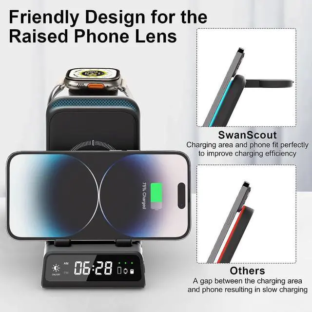 Alt view image 3 of 7 - Wireless Charging Station for iPhone, Travel Portable Wireless Charger Stand for iPhone 15 Pro Max/14/13/12/11 Series, iWatch Charger for Apple Watch Ultra 2/9/8/7/6/5/SE, for Airpods Pro2