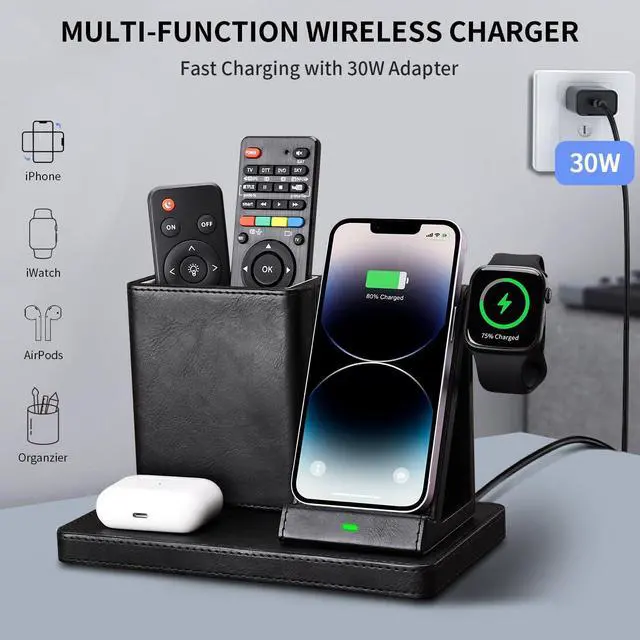 Alt view image 2 of 7 - KINGFOM Wireless Charging Station, PU Leather 4 in 1 Use Wireless Charger Stand for iPhone 15 14 13 12 11Pro Max XR XS 8 Plus, for Apple Watch & AirPods with Desk Organizer Black (Black)