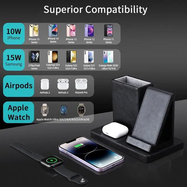 Alt view image 3 of 7 - KINGFOM Wireless Charging Station, PU Leather 4 in 1 Use Wireless Charger Stand for iPhone 15 14 13 12 11Pro Max XR XS 8 Plus, for Apple Watch & AirPods with Desk Organizer Black (Black)