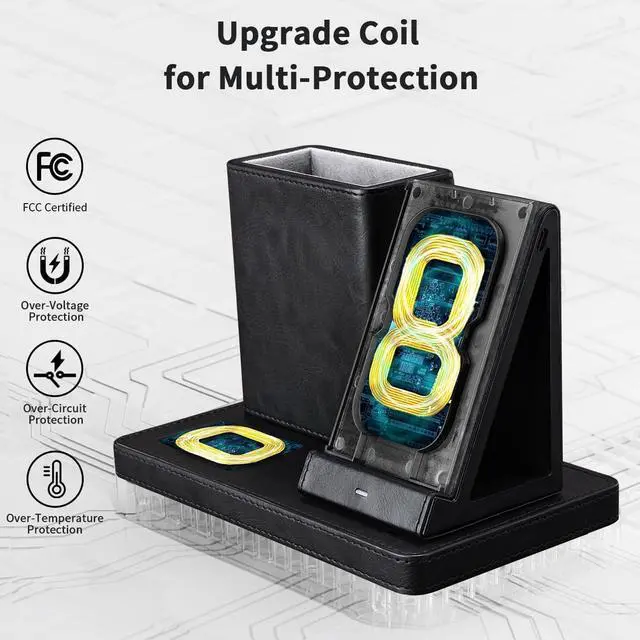 Alt view image 6 of 7 - KINGFOM Wireless Charging Station, PU Leather 4 in 1 Use Wireless Charger Stand for iPhone 15 14 13 12 11Pro Max XR XS 8 Plus, for Apple Watch & AirPods with Desk Organizer Black (Black)