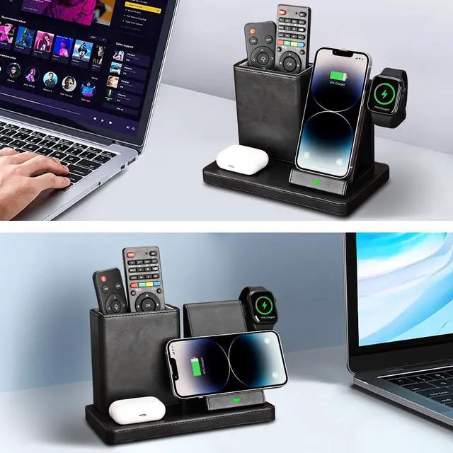 Alt view image 4 of 7 - KINGFOM Wireless Charging Station, PU Leather 4 in 1 Use Wireless Charger Stand for iPhone 15 14 13 12 11Pro Max XR XS 8 Plus, for Apple Watch & AirPods with Desk Organizer Black (Black)