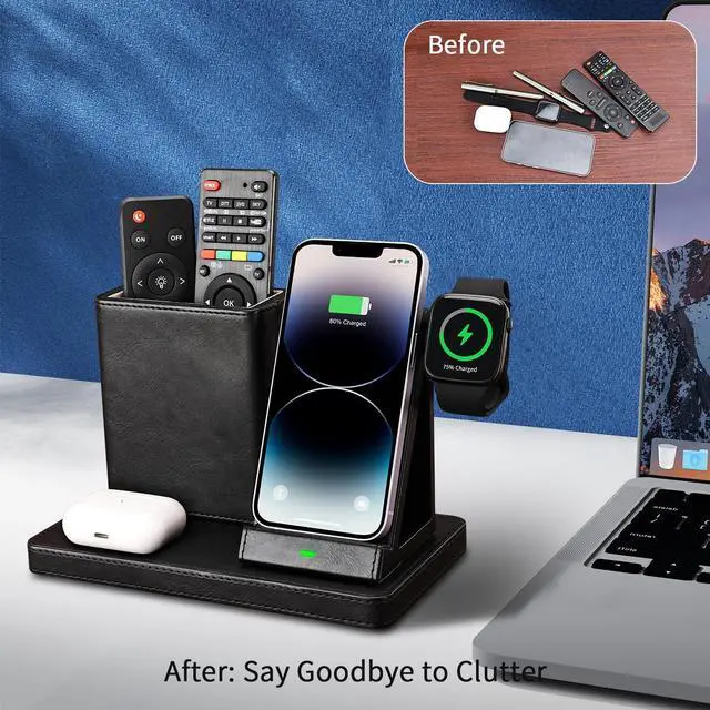Alt view image 7 of 7 - KINGFOM Wireless Charging Station, PU Leather 4 in 1 Use Wireless Charger Stand for iPhone 15 14 13 12 11Pro Max XR XS 8 Plus, for Apple Watch & AirPods with Desk Organizer Black (Black)