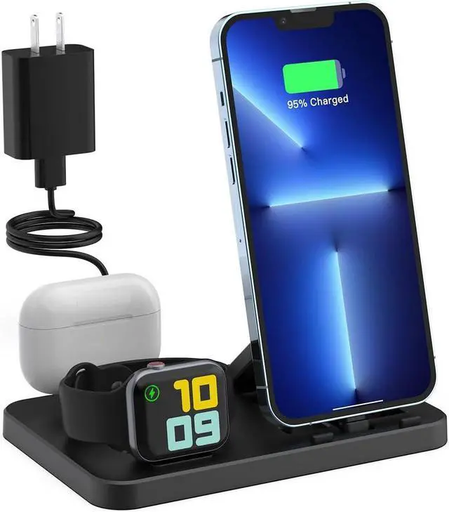Main image of 3 in 1 Charging Station for Apple Multiple Devices, Foldable and Portable Travel Charging Dock Compatible with iPhone Airpods Apple Watch Charger Stand with Adapter (Black)